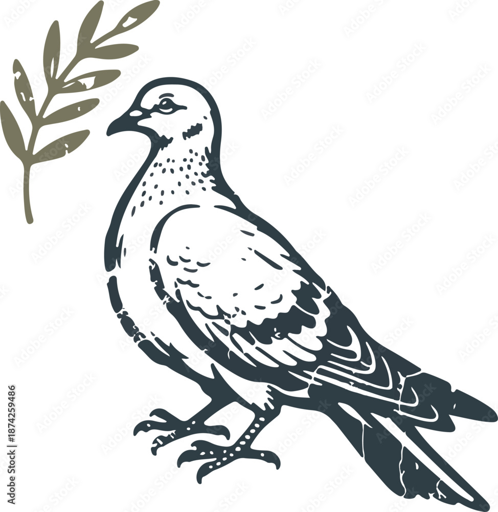 Fototapeta premium Vector illustration of a peaceful black dove silhouette perched on a tree branch as a nature art design element featuring a wild bird wing and beak