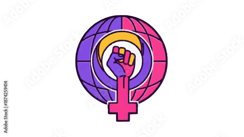 Empowering female symbol with clenched fist on globe background