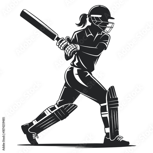 Female cricket player pose vector silhouette, strong athletic figure in minimalist vector style, suitable for cricket events, merchandise, promotional materials, educational illustrations, web design,