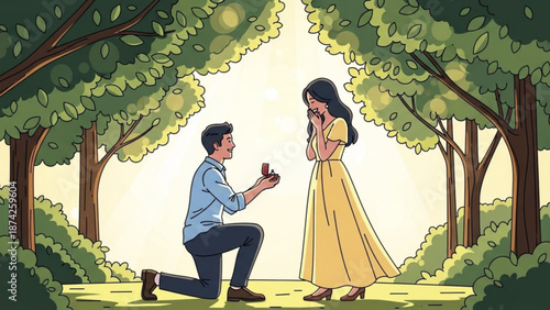 Man proposing marriage to woman with engagement ring in a park romantic proposal scene illustration for love and relationship concepts