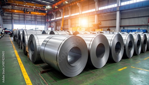 Rows of large steel rolls in an industrial warehouse, showcasing manufacturing and production in a factory environment.