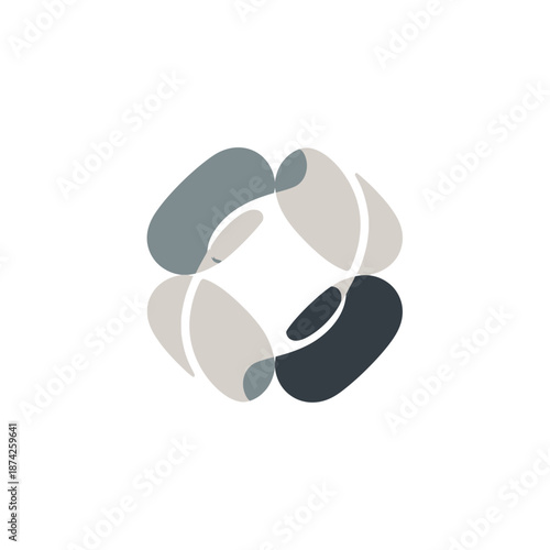 Abstract graphic logo design featuring smoothly connected organic shapes in a balanced, symmetrical arrangement, symbolizing unity, flow, and integration, ideal for modern branding and visual identity