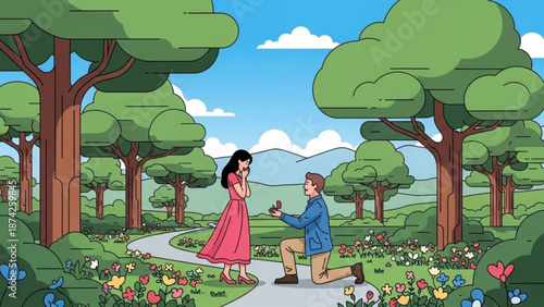 Man proposes to woman in a park with blooming flowers and trees romantic moment illustration for love and relationship concepts