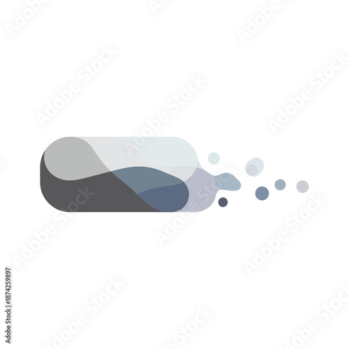 Modern abstract illustration of a capsule dissolving into particles, symbolizing scientific processes, drug absorption, medical therapy, or the active release of ingredients in a fluid dynamic