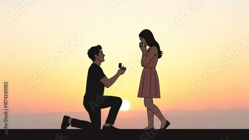Man Proposing to Woman on One Knee at Sunset
