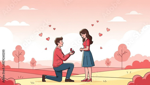 Man Proposing to Woman in Cartoon Field with Hearts during Sunset
