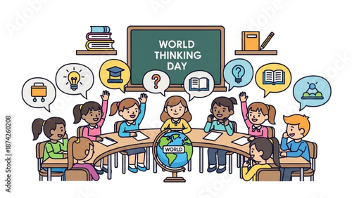 Diverse Children Discussing World Thinking Day in Classroom, Cartoon Illustration