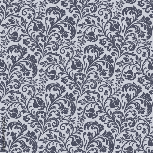 Classic dark blue damask seamless pattern vector with elegant floral scroll ornament, luxury interior damask pattern for wallpaper and fabric, timeless damask seamless pattern vector background