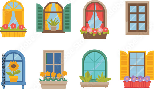 Colorful decorative window illustration set with flower boxes shutters curtains for home exterior design vector flat style architecture facade collection