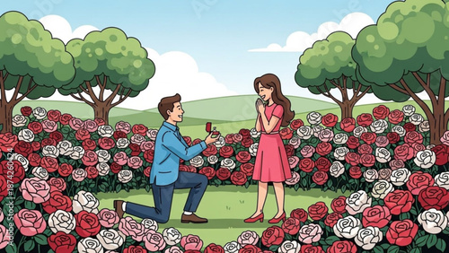 Man proposing marriage to woman in a rose garden romantic proposal scene with engagement ring outdoor proposal concept for love and commitment