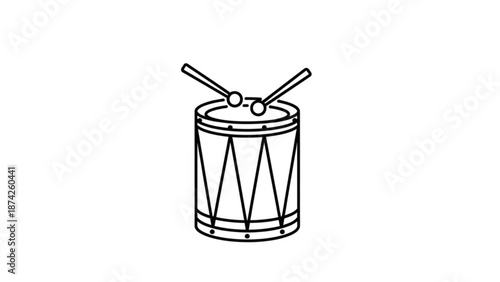 Drum with Drumsticks Isolated on White Background Line Art