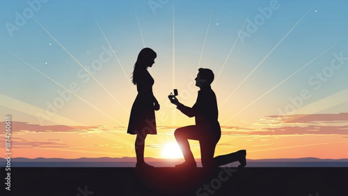 Man Proposing to Woman on One Knee at Sunset with Ring