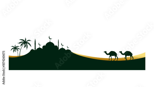 Islamic Desert Landscape with Mosque Silhouette and Camel