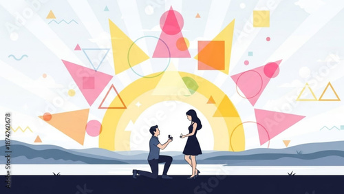 Man Proposing to Woman on Beach during Sunset with Rainbow Illustration