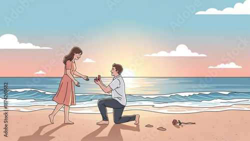 Man Proposing to Woman on Sandy Beach at Sunset