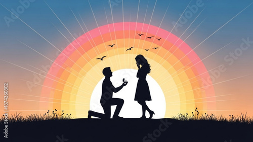 Man Proposing to Woman on One Knee during Sunset with Birds Flying