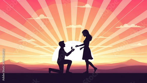 Man Proposing to Woman at Sunset with Ring, Silhouette, Romantic Gesture