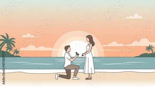 Man Proposing to Woman on Beach at Sunset