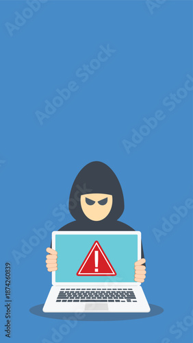 hacker and laptop computer with danger warning sign vector illustration design	