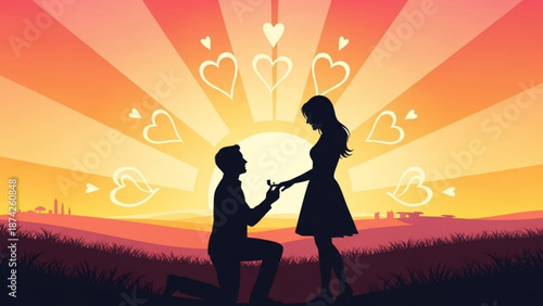 Man Proposing to Woman at Sunset with Heart Illustrations