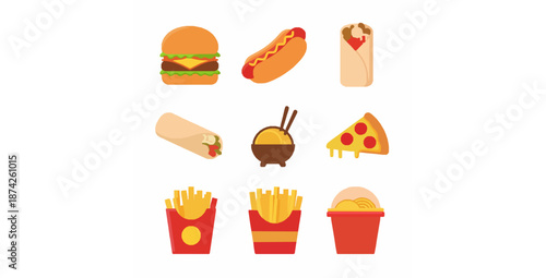 Cute fast food cartoon icon set street food takeaway vector