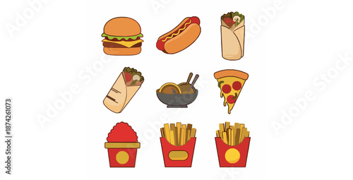 Modern fast food street food flat icon set vector illustration