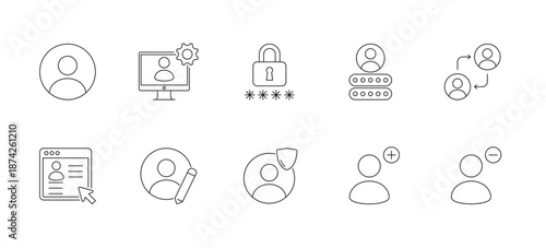 User account line icon set editable stroke. Profile, login, security, access permission, authentication icons for web app, dashboard, system UI, and admin interface
