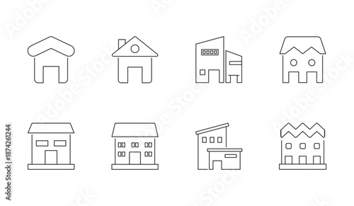 Editable property building line icons set. House, apartment, office, and real estate icons for property business, map navigation, dashboards, and UI design.