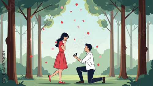 Man proposing marriage to woman in park with ring box romantic proposal scene with falling petals illustration for love and relationship concepts