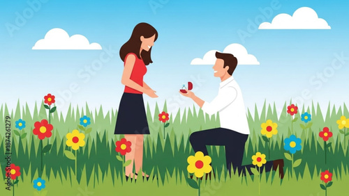 Man proposing marriage to woman in a field of flowers romantic proposal scene with engagement ring illustration for love and commitment