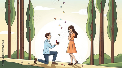 Man proposing to woman with engagement ring in a park romantic gesture with falling petals illustration for love and relationship concepts