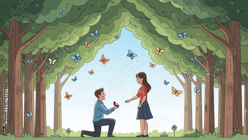 Man proposing to woman with engagement ring in a magical forest clearing surrounded by butterflies romantic proposal scene illustration for love and relationship concepts