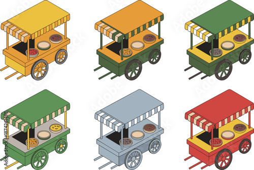Colorful street food cart illustration set, mobile snack stalls with awnings, flat isometric design for market, festival, vendor concepts