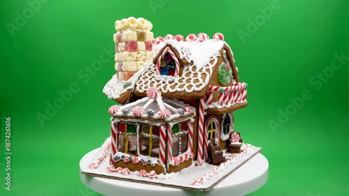 Highly detailed rotating view of an isolated, complex holiday gingerbread house ready for compositing over a green screen studio backdrop rendering, food, winter