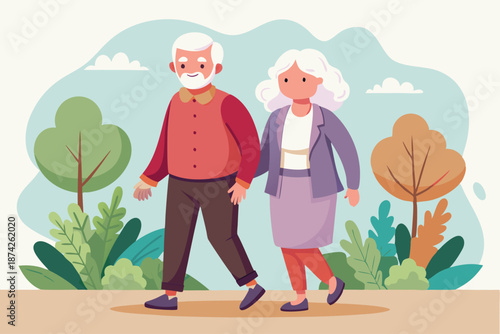 Elderly husband and wife walking for exercise, active retirement and wellness vector illustration