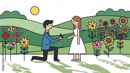 Man proposing marriage to woman in a garden with flowers romantic proposal scene flat vector illustration for wedding invitations and greeting cards