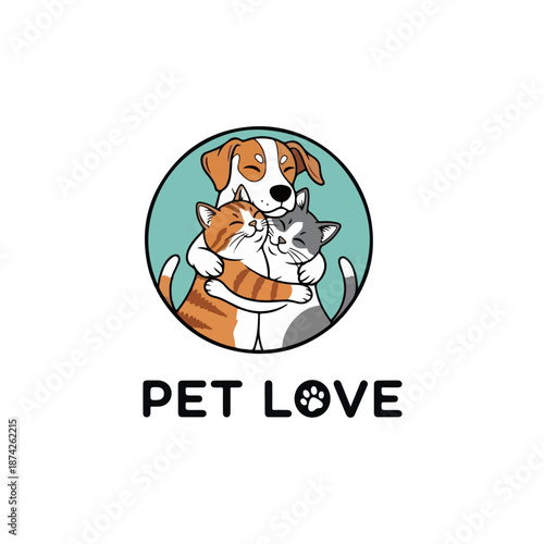 An illustration featuring a dog and two cats embracing each other, symbolizing the love and bond between pets.