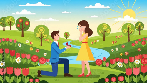 Man proposing marriage to woman in a beautiful spring landscape with blooming flowers and a sunny sky romantic proposal concept for greeting cards or wedding invitations