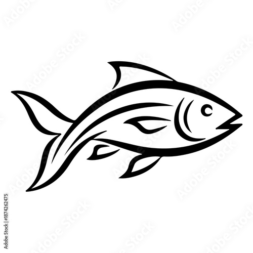 A black and white illustration of a fish with a transparent background. The fish is depicted with a simple, elegant line design, emphasizing its fins and facial features.