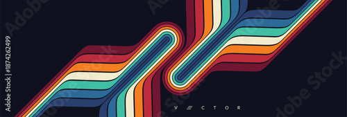 Two elements from a set of colored lines are directed towards each other. Space for text. Retro style. Dynamic ribbons. Color gradient. Vector for brochure, poster, cover, presentation, flyer, banner.