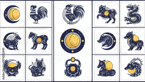 Artistic zodiac animal symbols pattern on a moon-themed background for astrology and horoscope lovers