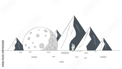 Futuristic landscape with mountains and a large moon creating a serene atmosphere in a minimalist style
