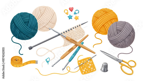 Crafting yarn with knitting needles and scissors on a white background