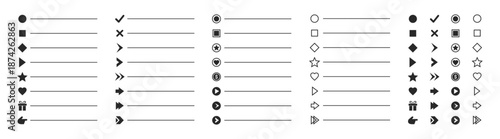 Bullet point icon vector set with arrows check marks circles stars and UI elements for web and mobile lists and menus on transparent background