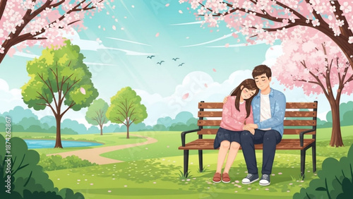 Young couple sitting on a park bench under blooming cherry trees enjoying a romantic spring day outdoors illustration for love and lifestyle concepts