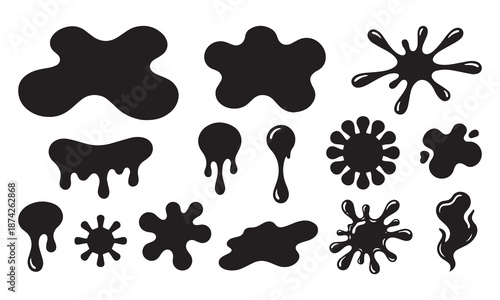 Black Ink Splatters and Drips Vector Set Grunge Liquid Shapes and Blobs Collection