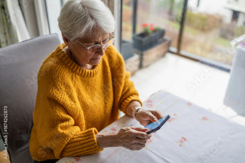 Senior woman using smart phone at home
