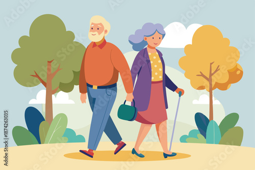 Mature couple walking and talking in a garden, vector scene of senior relationship and leisure