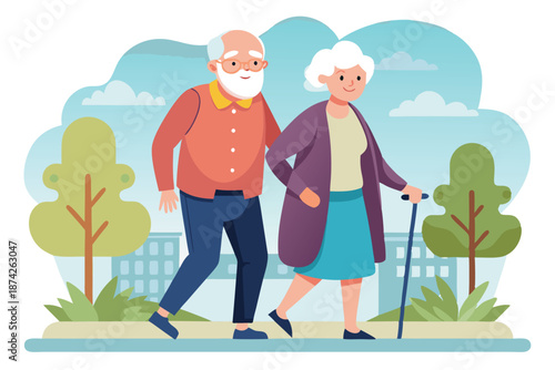 Elderly couple wearing sneakers walking for fitness, active senior life vector graphic illustration