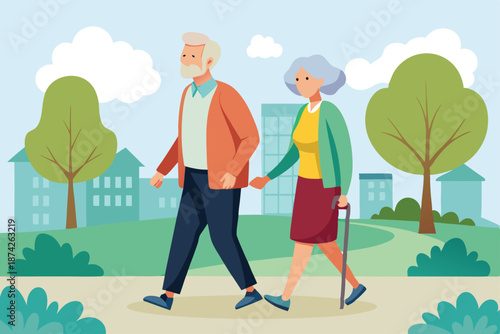 Happy old couple walking towards the horizon, retirement goals and future concept vector art